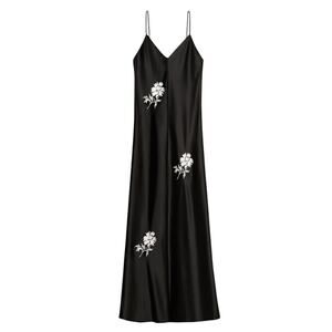 RARE Tory Burch Maxi Slip Dress Women’s Size 14 Black Satin Floral Embroidered